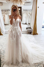 Champagne Tulle Off Shoulder Wedding Dress With Appliques A Line Chapel Train