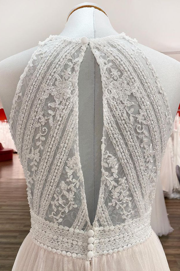 Vintage Long Halter Backless A Line Wedding Dress With Lace And Tulle