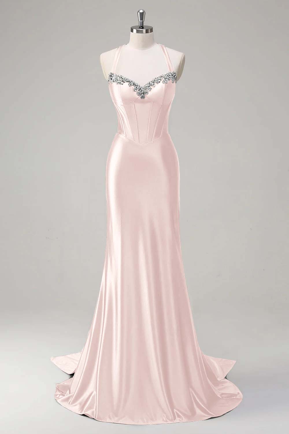 Halter Neck Sleeveless Long Mermaid Prom Dress With Beading Pleated