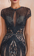 Robe longue de bal à perles de sirène élégante avec manches courtes