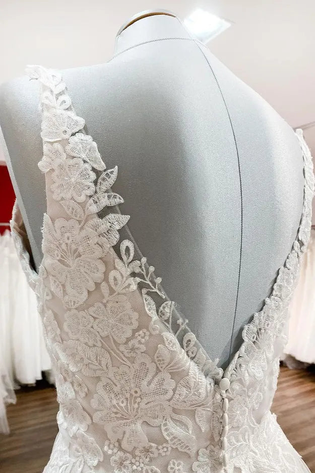 Chic Tulle V Neck Open Back Long A Line Wedding Dress With Lace Ruffles