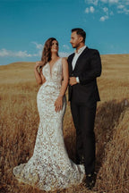 Mermaid V Neck Empire Wedding Dress With Lace Beading