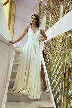 Vintage Split Long A Line V Neck Lace Chiffon Wedding Dress