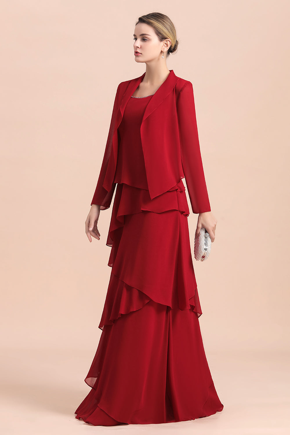 BMbridal Elegant Burgundy Chiffon Mother of the Bride Dress Ruffles With Jacket
