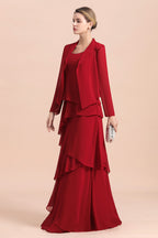 BMbridal Elegant Burgundy Chiffon Mother of the Bride Dress Ruffles With Jacket