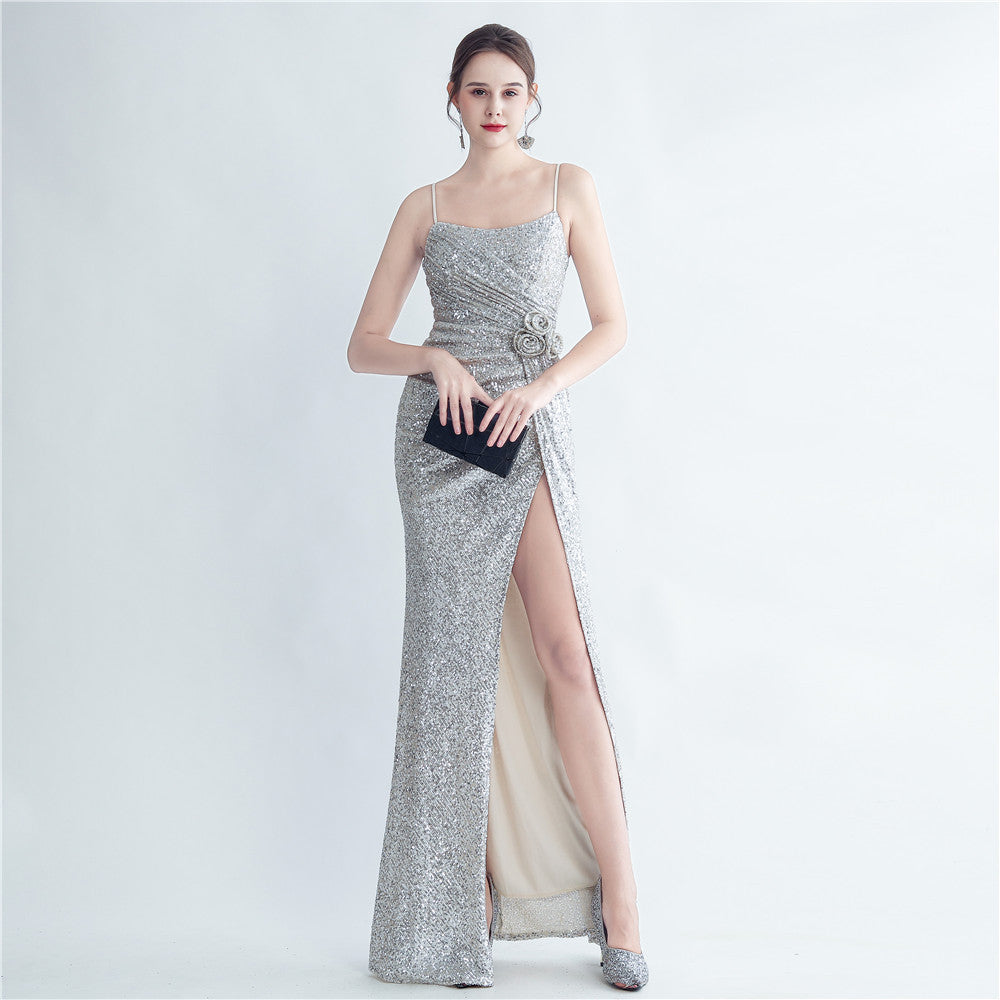 Reúne Sequ Feito à Mão Floral Split Sling Vestido de Noite Simples
