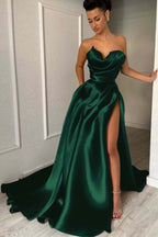 Strapless Sleeveless Long Prom Dress With High Split Pleated