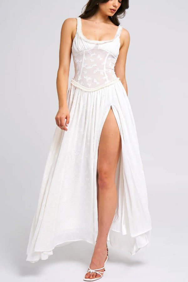 Vestido Maxi Ulissa Verde Claro com Decote Quadrado, Textura Jacquard e Fenda Alta