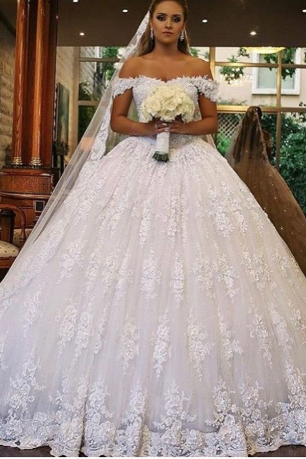 Glamorous Off The Shoulder Long Lace Ball Gown Wedding Dress With Train