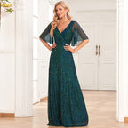 Butterfly See Through Sleeve Pairs V Neck Pleated A Large Swing Evening Dress Wedding Sequined Mop Dress