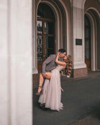 Classy A Line V Neck Tulle Lace Boho Wedding Dress With Slit Appliques