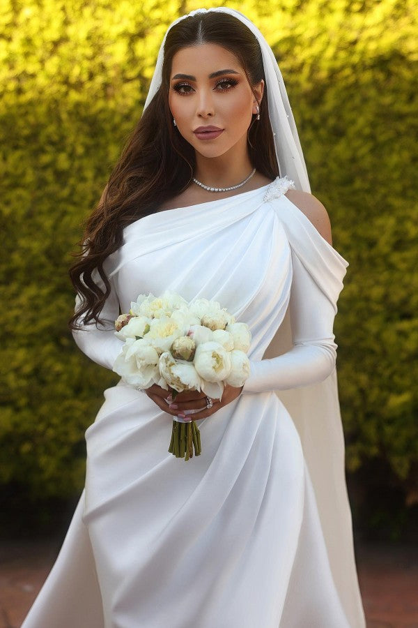 One Shoulder Mermaid Satin Wedding Dress With Overskirt And Backless