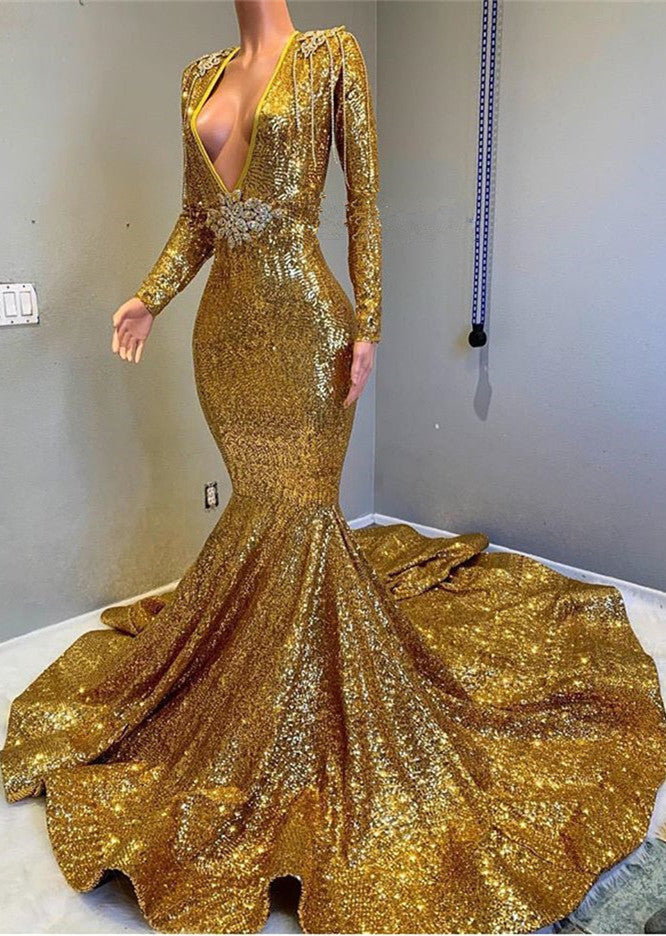Vestido de fiesta largo de sirena con escote en V, lentejuelas doradas y mangas sin espalda