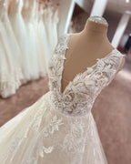 Wide Straps A Line Floor Length Deep V Neck Wedding Dress With Lace Tulle