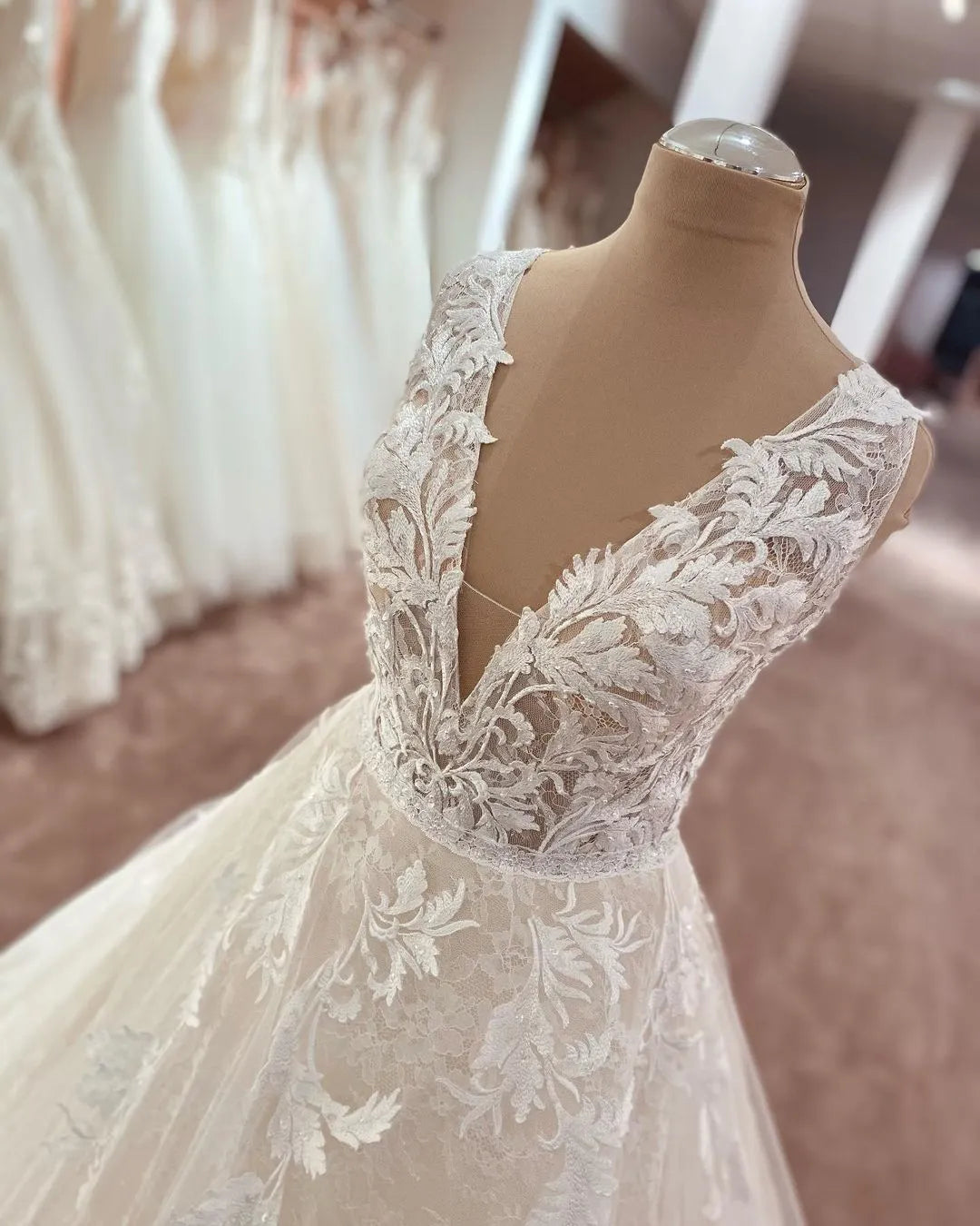Wide Straps A Line Floor Length Deep V Neck Wedding Dress With Lace Tulle