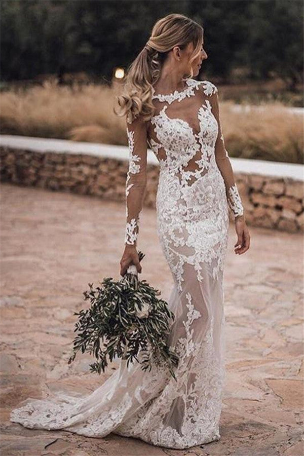 Mermaid Lace Long Sleeves Wedding Dress Elegant Bridal Gown