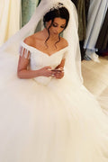 Off The Shoulder Beading Backless Floor Length Wedding Dress With Tassel Tulle