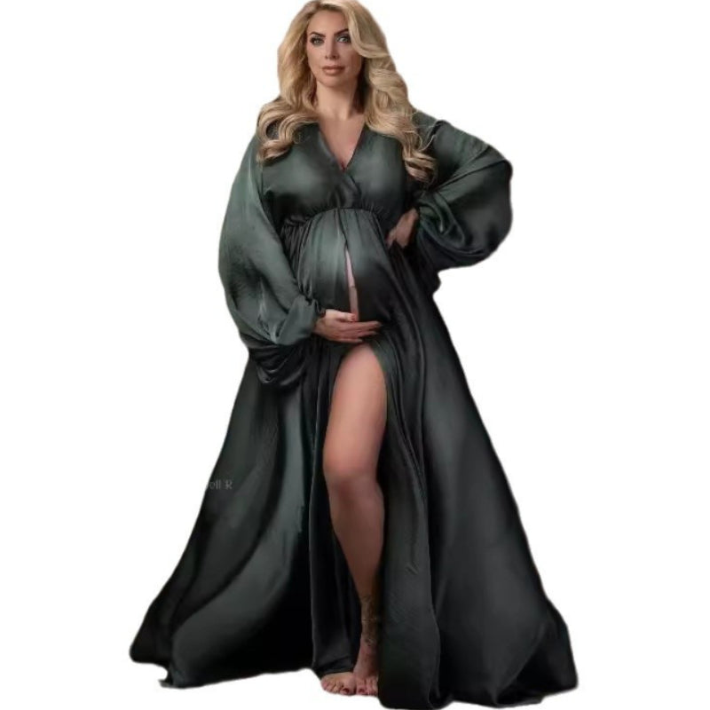 Vestido de maternidade com manga comprida tipo lanterna, decote em bico, vestido de maternidade tipo retrato