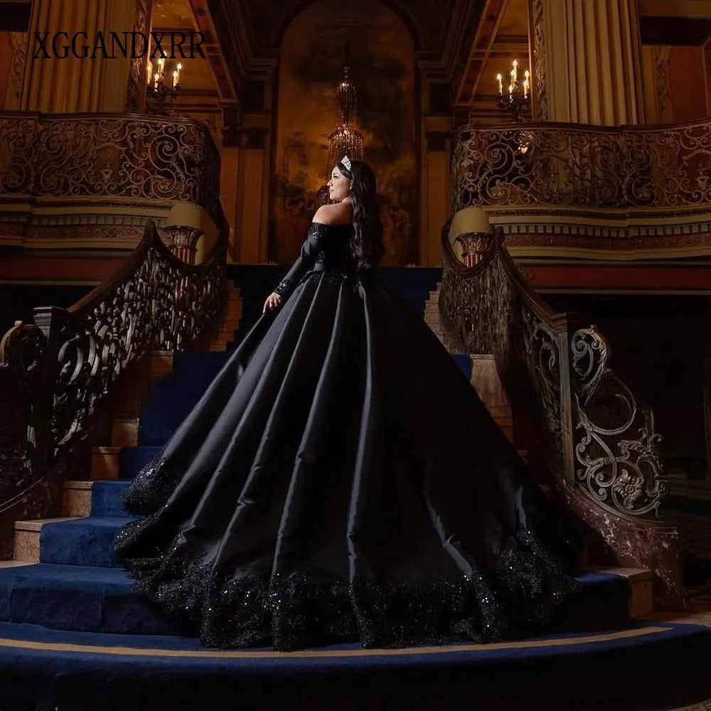 Customized Long Sleeves Black Ball Gown Quinceanera Dress 2026 Bead Two Pieces Sweet 16 Dress Birthday Party Vestidos De