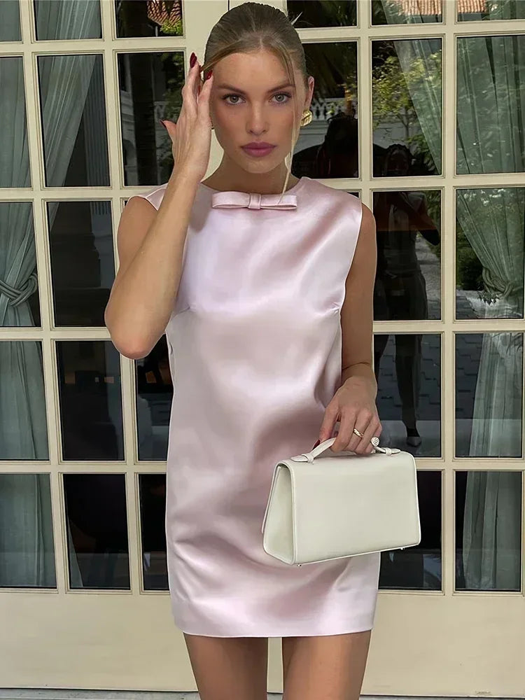Taruxy cetim mini vestido para mulheres sexy sem costas arco roupas sem mangas vestidos de tanque femme 2023 festa elegante vestido de noite mulher
