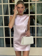 Taruxy cetim mini vestido para mulheres sexy sem costas arco roupas sem mangas vestidos de tanque femme 2023 festa elegante vestido de noite mulher