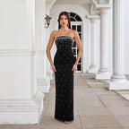 Vestido de baile sem alças estilo francês com missangas