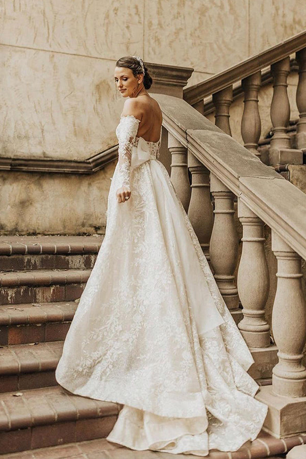 Chic A Line Off The Shoulder Long Sleeve Wedding Dress With Bow Lace