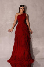 Chic One Shoulder Sleeveless Long Prom Dress With Tulle Ruffle