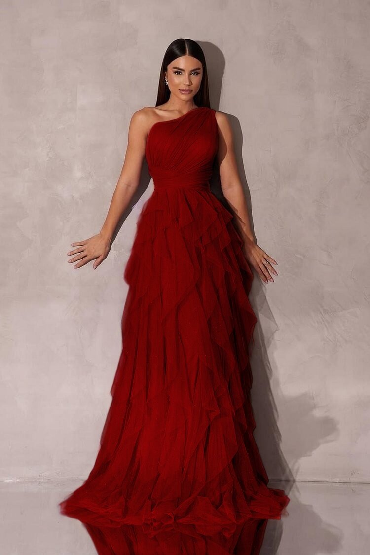 Chic One Shoulder Sleeveless Long Prom Dress With Tulle Ruffle