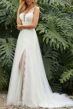 Split Lace Sleeveless Wedding Dress With Elegant Lace Detailing