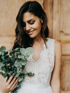 Lace Sleeveless Boho Wedding Dress With Floral Embroidery