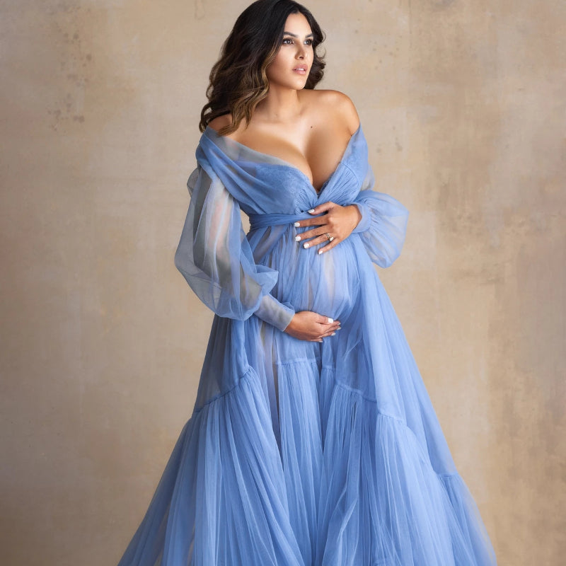 Fluffy Blue Ruffle Tulle Maternity Dress for Photoshoot Off Shoulder Pregnancy Photography Dress Maternity Gown Robes with Sash