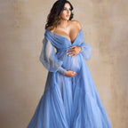 Fluffy Blue Ruffle Tulle Maternity Dress for Photoshoot Off Shoulder Pregnancy Photography Dress Maternity Gown Robes with Sash