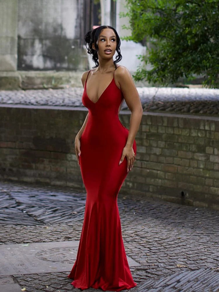 Nibber Rotes Glänzendes Maxikleid mit Spaghettiträgern für Damen Einfarbig Sexy Rückenfrei mit Raffung und Ausschnitt Figurformendes Kleid Damen Hipster Straßenkleidung