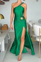 Abito Midi in Satin Satinato con Spalla Scoperta, Drappeggio a Spirale, Taglio Laterale e Fessura
