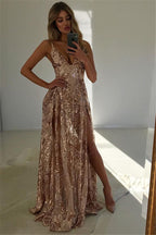 Abito da sera senza maniche con spacco, scollo a V e spalline sottili, decorato con paillettes