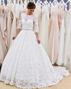 Modest Backless Lace A Line Wedding Dress With Long Sleeves