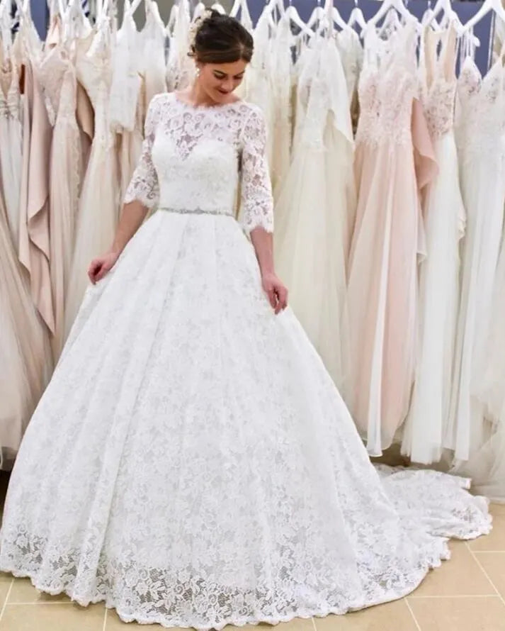 Modest Backless Lace A Line Wedding Dress With Long Sleeves
