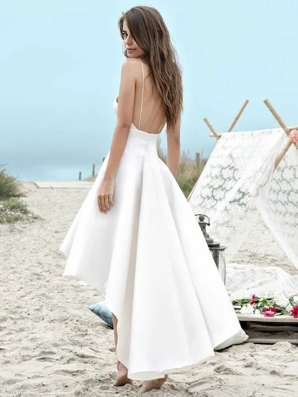 Beautiful Spaghetti Straps A Line Hi Lo V Neck Wedding Dress With Pockets