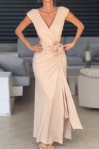 Vestidos de noite sexy com racha e franzido em forma de flor com decote em V