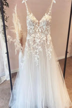 Open Back Long A Line V Neck Wedding Dress With Tulle Lace Appliques