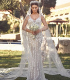 Chic Lace Long Mermaid V Neck Tulle Wedding Dress With Detachable Train
