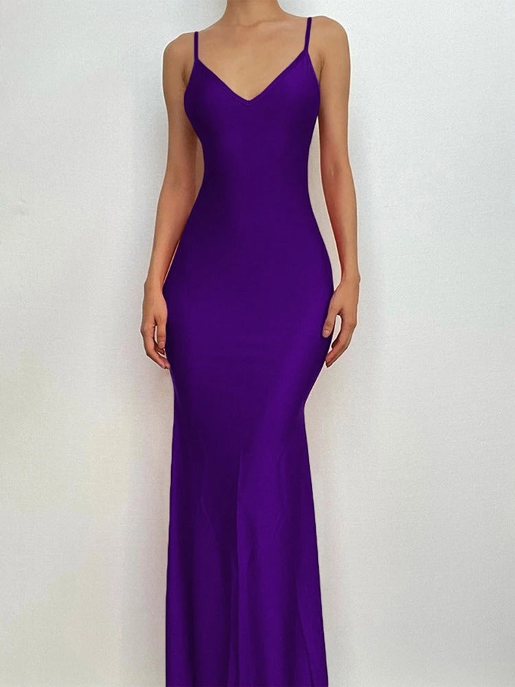 Nibber Rotes Glänzendes Maxikleid mit Spaghettiträgern für Damen Einfarbig Sexy Rückenfrei mit Raffung und Ausschnitt Figurformendes Kleid Damen Hipster Straßenkleidung