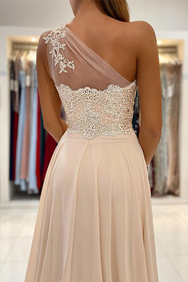 Custom One Shoulder Prom Dress With Lace Appliques And Front Split
