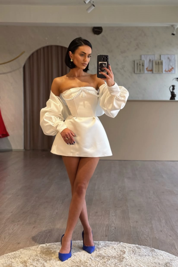 Spaghetti Strap Long Sleeves A Line Prom Dress With Beading