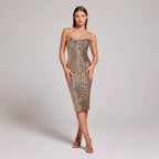 Vestido de Baile Midi Sem Mangas com Decote em V
