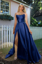 Strapless Sleeveless A Line Long Prom Dress Pleated Split