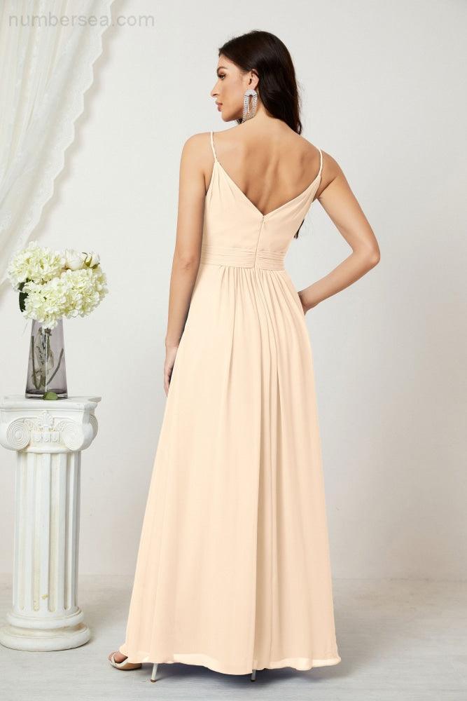 Chiffon V-Neck Bridesmaid Dress Spaghetti Strap Long Formal Party Prom Gowns with Slit 28010