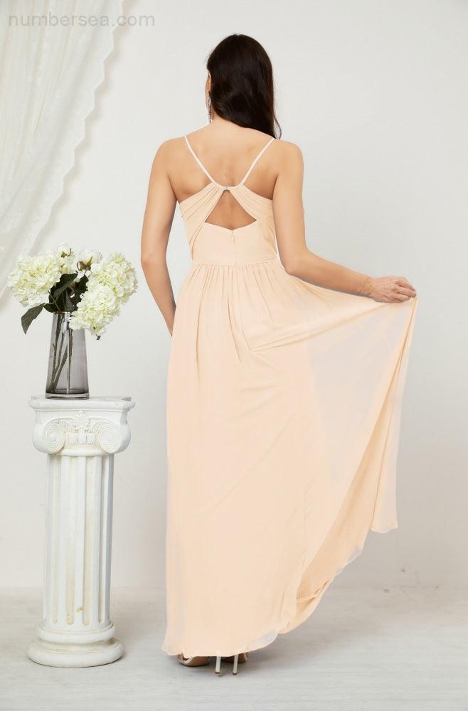 Neck Bridesmaid Dresses Chiffon Long Spaghetti A-line Formal Prom Gown for Wedding Party Evening 2801