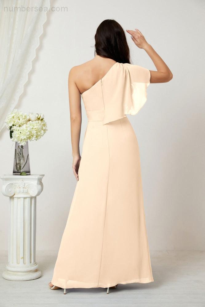 Chiffon Ruffled One Shoulder Long Bridesmaid Dresses A-line Formal Evening Gown Side Split 2809